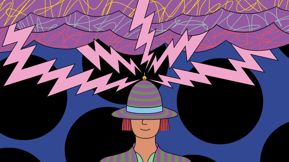 An illustration of a smiling person wearing a helmet that is acting as a lightning conductor