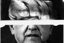 A photomontage of a clenched fist imposed over the face of Andrés Manuel López Obrador
