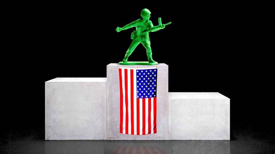 An illustration of a green toy soldier standing atop a victory podium with a draped American flag