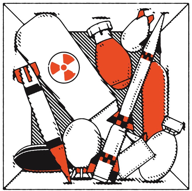 black, white, and red illustration of a view from above into a box with a jumble of different shapes of nuclear missiles and bombs, piled up almost like a bin of toys