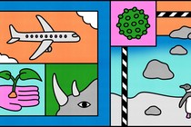 A tiled illustration of a plane, a plant, a rhino, penguins, and a coronavirus