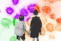 Two children wearing backpacks face a magnified image of virus particles.