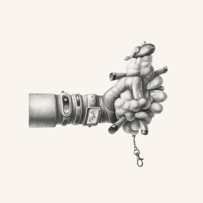 an illustration of a hand squeezing a sheep-shaped stress ball