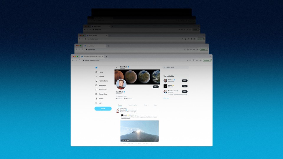 Screenshots of Elon Musk's Twitter account fading into shadow
