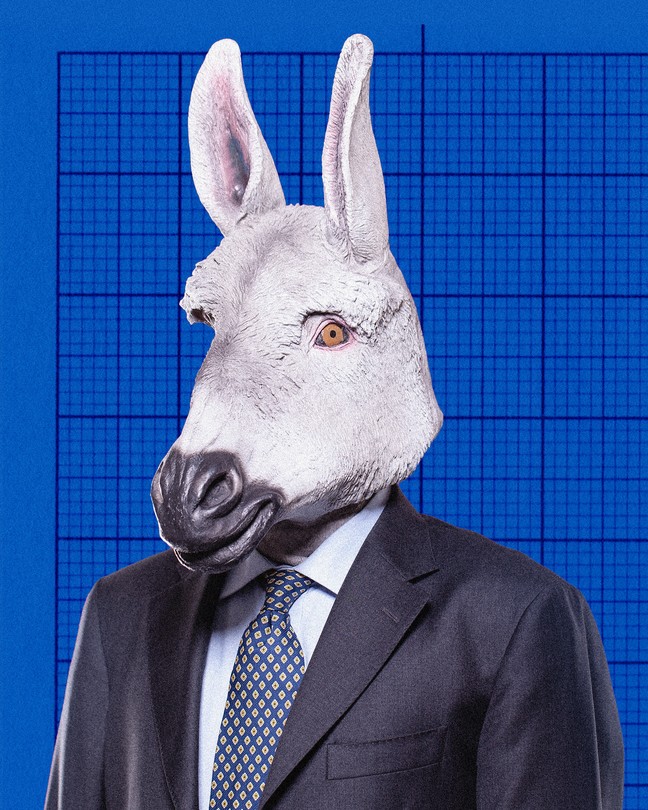 A businessman in a suit is shown wearing a donkey mask.