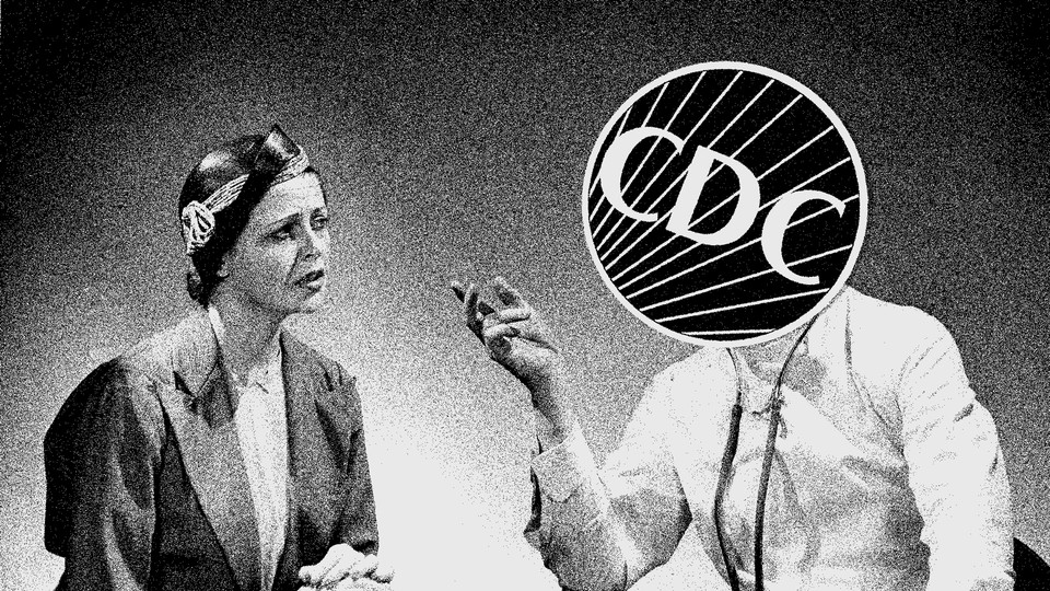 An illustration of a woman talking with a doctor, with the CDC logo over the doctor's head