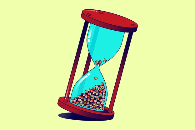 An hourglass with an angry emoji tumbling down