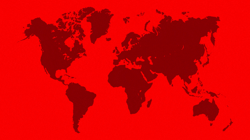 A graphic of the color red covering and uncovering a map of the Earth.