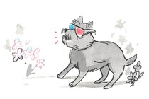 Toto from the Wizard of Oz wears 3-D glasses.