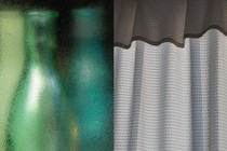a diptych, with a blurred photo of teal bottles on the left, and black and white photo of a curtain on the right