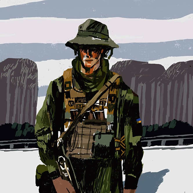 illustration of soldier in uniform with hat, vest, weapon, and urban landscape behind