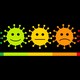 A spectrum of coronaviruses with sad and happy faces on them.
