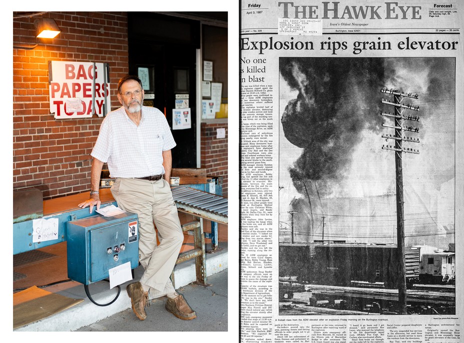 Diptych of Dale Alison and an archival copy of an article depicting the grain elevator explosion.