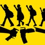 A silhouette of four students protesting on top of a broken assault rifle