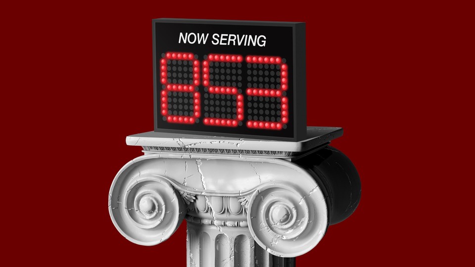 Illustration showing a column holding a screen like those that show how many people are in line in government offices. "Now serving 853," it reads.