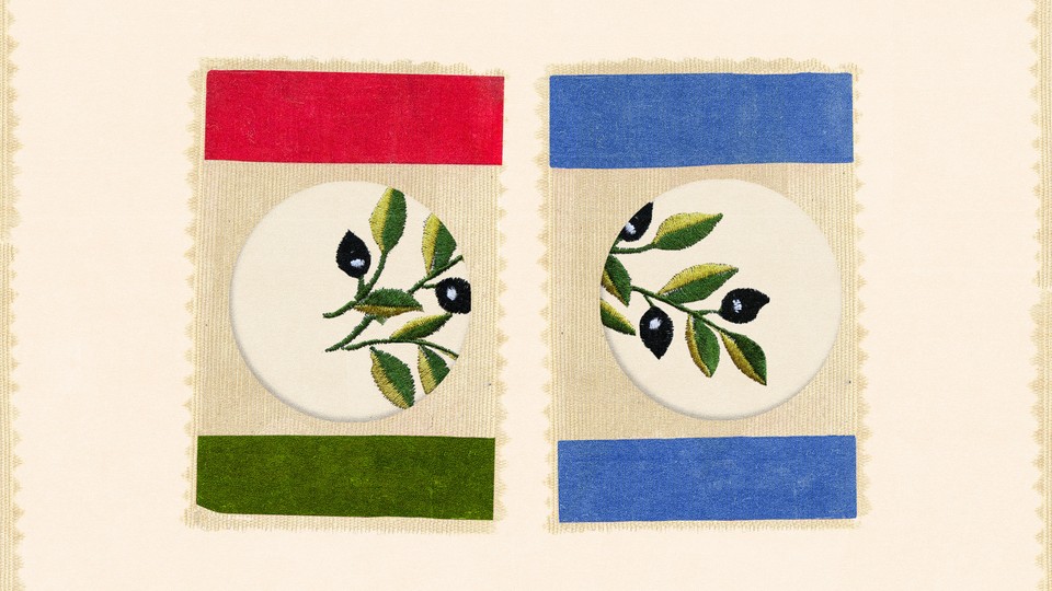 Juxtaposed stamps with the colors of the flags of Israel and Palestine and olive branches