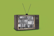 A TV shows a black-and-white animation of scrolling bookshelves.
