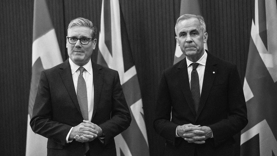 A black and white photograph of Keir Starmer and Mark Carney standing with their hands in front of them