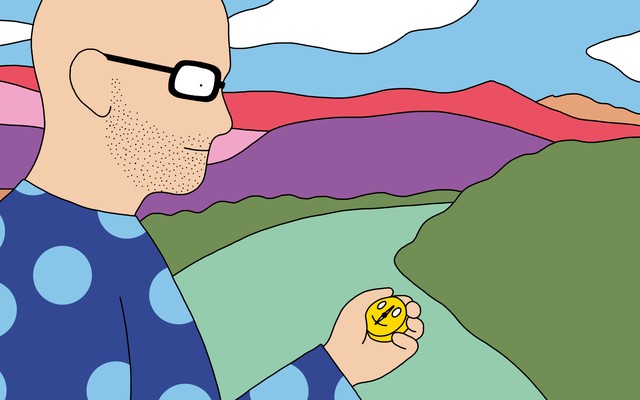 A drawing of a person walking down a path through the mountains, looking at a compass with a smiley-face design