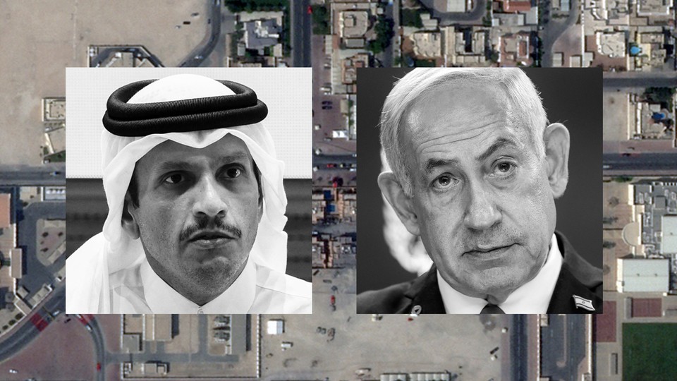 Photos of Israeli Prime Minister Benjamin Netanyahu and Qatari Prime Minister Sheikh Mohammad bin Abdulrahman al-Thani overlaid on top of an aerial surveillance photo of the drone attack site in Doha