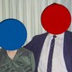 Picture of couple, with blue dot covering woman's face and red dot covering man's