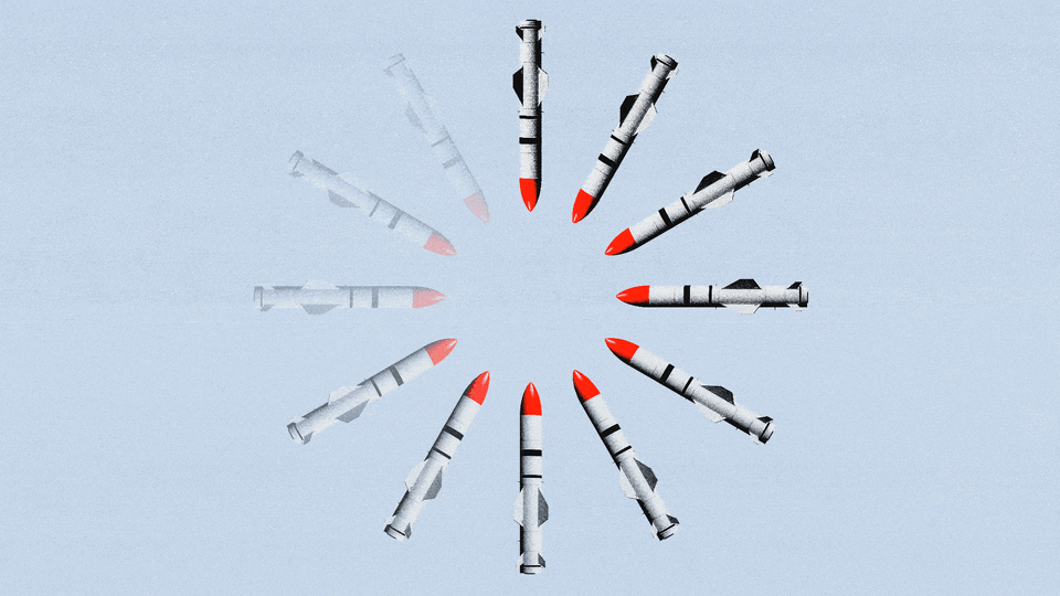 An animated illustration of missiles laid out in a circle like a ticking clock; the missiles disappear temporarily in a clockwise motion.