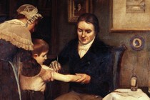 Edward Jenner performing his first smallpox vaccination on a child in 1796.