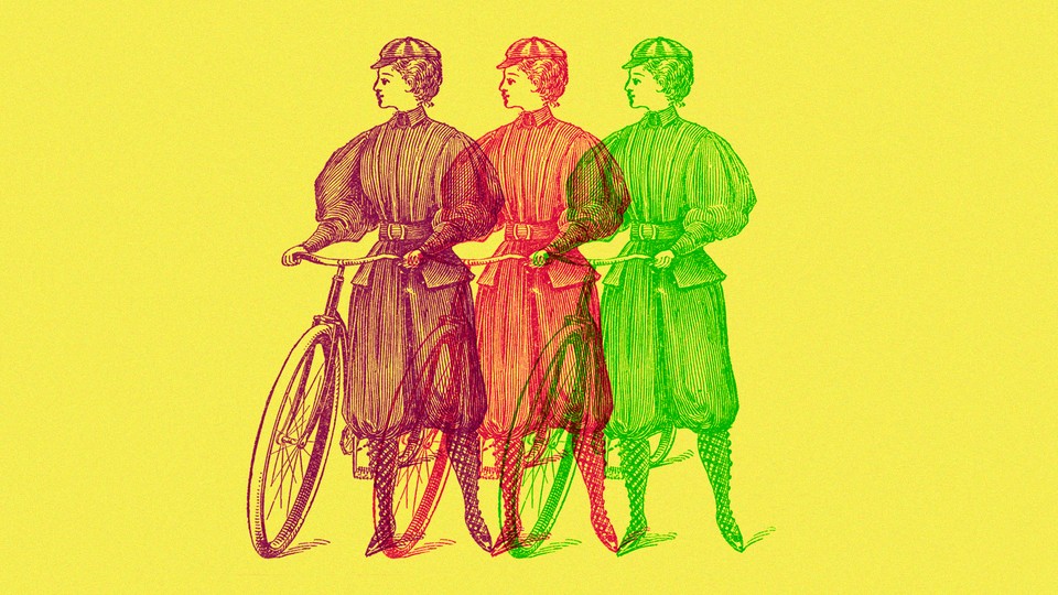 Three line sketches of women wearing bloomers-style outfits and standing next to bicycles
