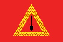 An illustration of a yield sign with a triangle made of noodles, and a spoon in the middle.