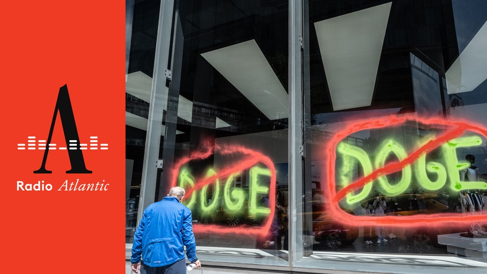The word "DOGE" with a line through it spray-painted on a window
