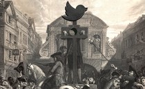Eighteenth-century public square with pillory crowned by the Twitter logo and surrounded by a crowd