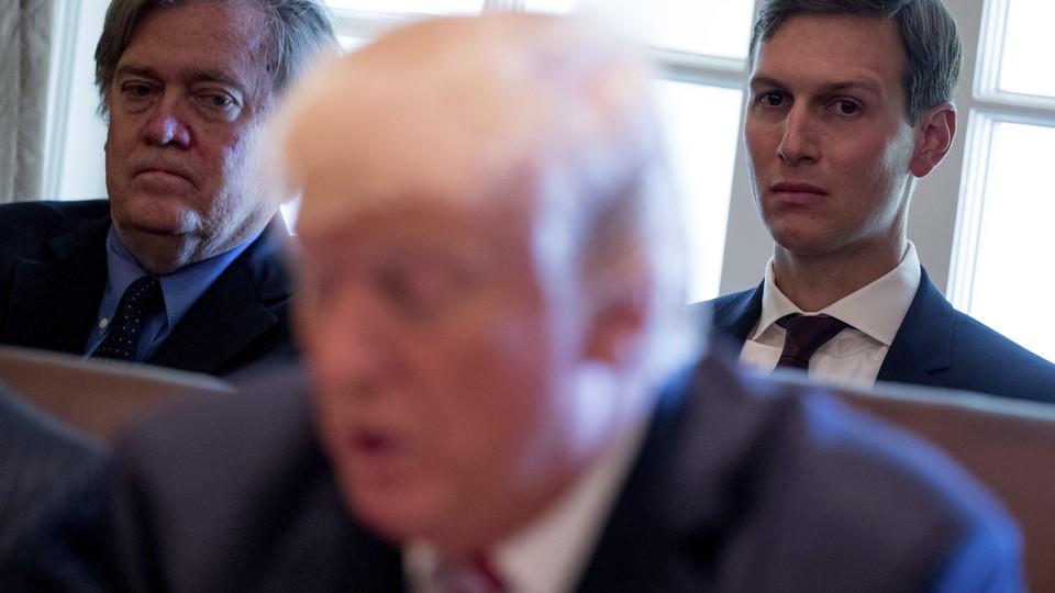 Steve Bannon and Jared Kushner listen as President Trump speaks during a Cabinet meeting on June 12, 2017,