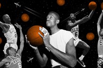 A collage of Bill Russell playing basketball