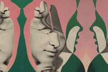 Silhouette of female torso in pink over profile of face in green and shape of a hand with photo of woman's nose and lips