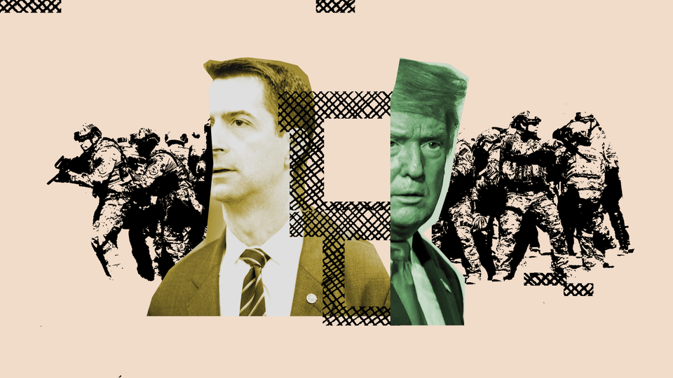 An illustration of Tom Cotton, President Trump, and the U.S. military
