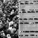 A diptych with a crowd on the left and rows of parked cars on the right