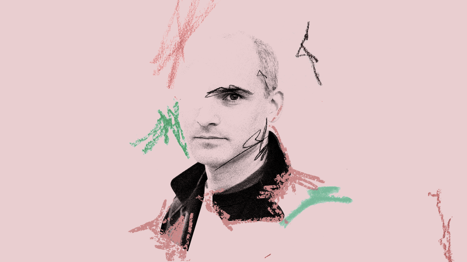 A photo-illustration of Hernan Diaz, stylized against a light pink background and surrounded by red, green, and black squiggles