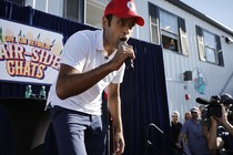 Republican presidential candidate Vivek Ramaswamy raps to Eminem’s “Lose Yourself” at the Iowa State Fair on August 12, 2023.