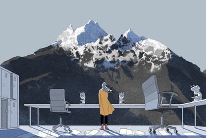 A woman stands in a laboratory with no walls and gazes at a glacier on a mountain.
