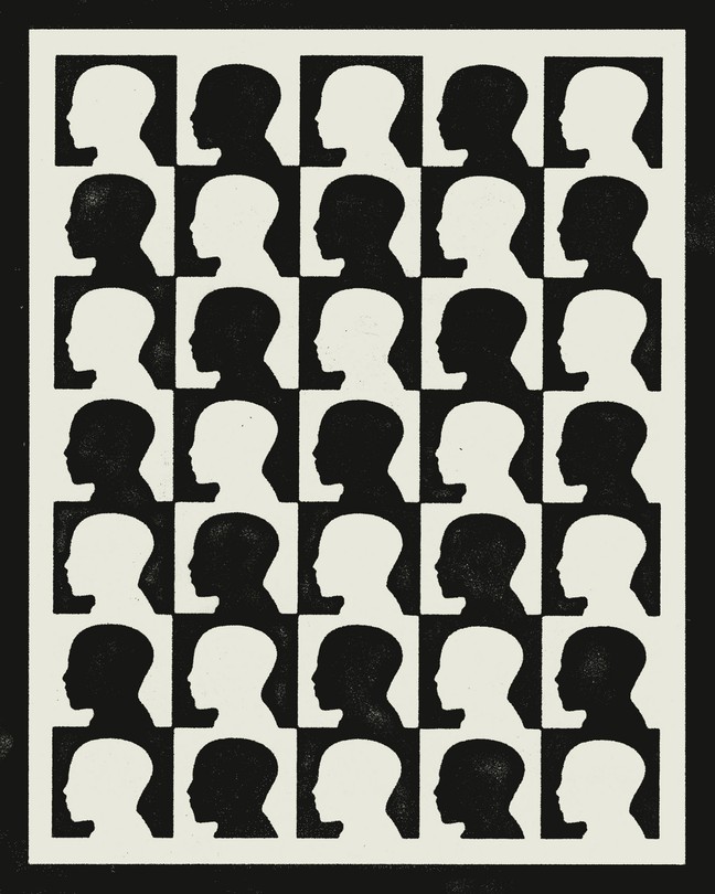 Silhouetted profile of a man's face, replicated to form a grid