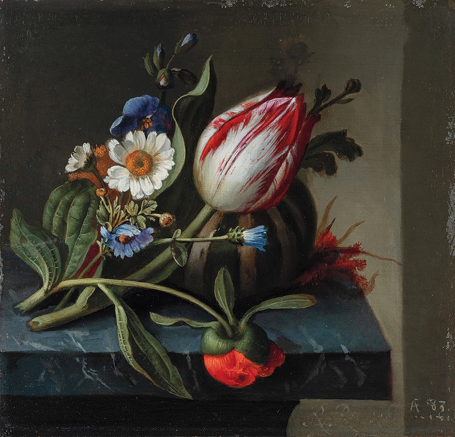 still life oil painting of flowers including large tulip on marble table