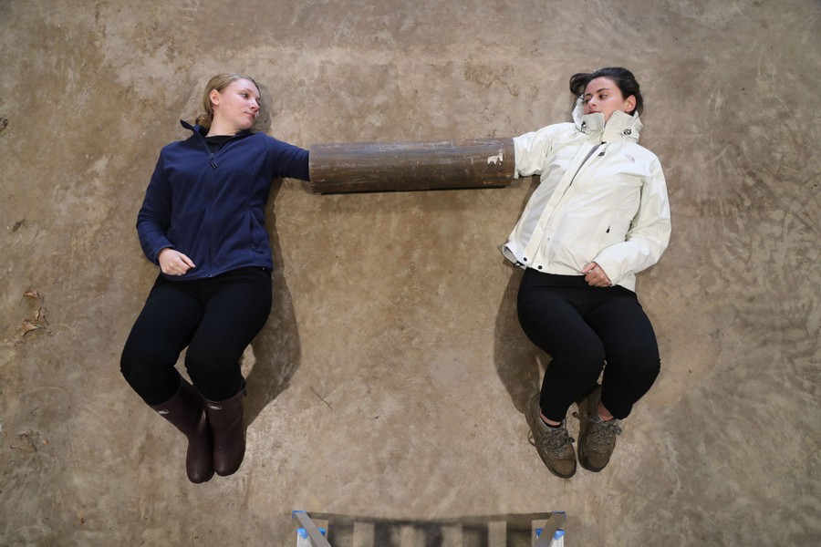 Two people lie on their back, each with one arm inserted into a single metal tube.