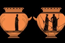 Two Greek vases, one with a a man and one with a man and a woman