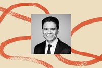 A black-and-white photo of Fareed Zakaria bordered by an illustration