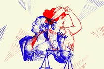 Artwork depicting competing representations of Lady Justice in red and blue