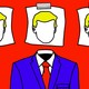A cartoon illustration of an empty suit with three pieces of paper imprinted with photos of a blond man taped overhead.