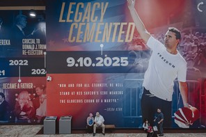 An image of a Charlie Kirk mural at AmericaFest, Turning Point USA's annual gathering