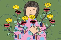 A woman holds her hands to her heart while plants grow out of her torso and release smiley-face speech bubbles.