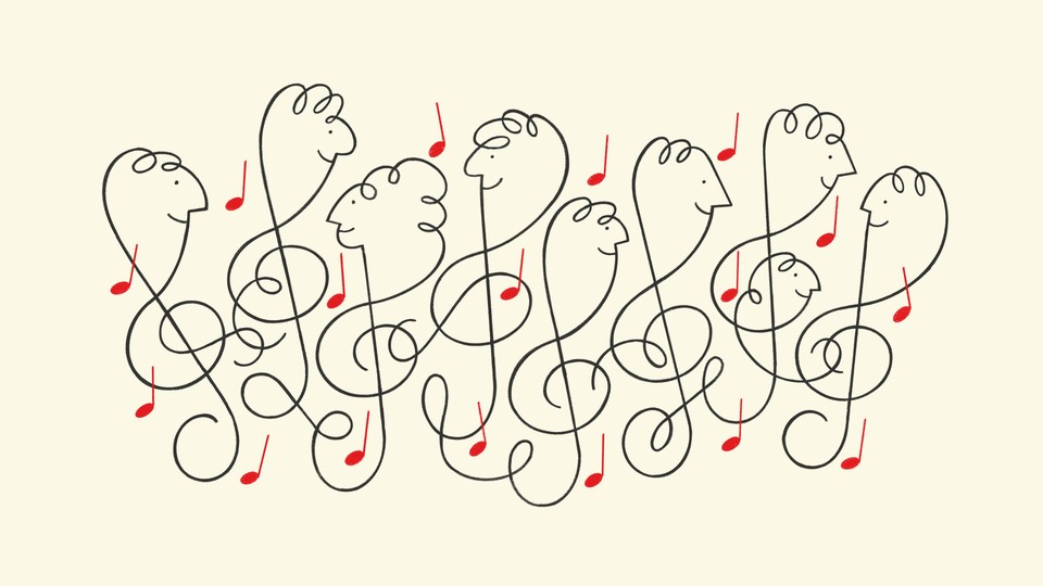 Musical notes and many faces in the shape of treble clefs