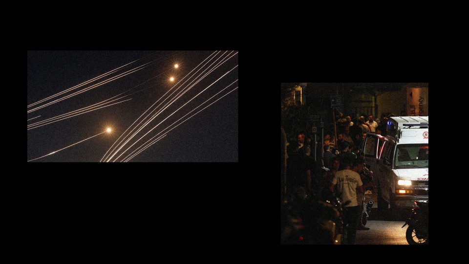 Collage of pictures of airstrikes and a crowded street with an ambulance